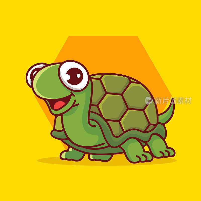 Cartoon cute smiling tortoise crawling on hexagon background